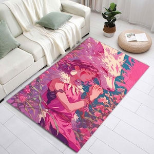 Op de afbeelding: Een rechthoekig vloerkleed met een anime-stijl illustratie. Het ontwerp toont een vrouw in een roze jurk met een witte wolf, omringd door roze bloemen. Het kleurenpalet van het vloerkleed omvat roze, paars en teal.