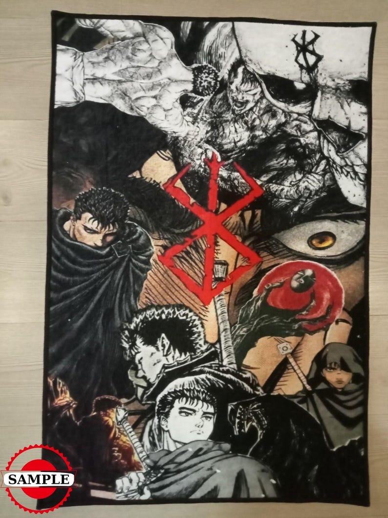Pu&ograve; includere: Illustrazione in bianco e nero di personaggi della serie anime Berserk. L'immagine presenta un grande simbolo rosso con un contorno nero, e diversi personaggi della serie, tra cui Guts, Griffith e Casca.