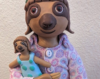 Posable Sloth Doll in Pajamas: Handmade Polymer Clay Figurine