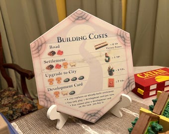 May include: A hexagonal Catan building costs reference card featuring a light pink border with a web-like pattern. The card displays icons for road, settlement, city upgrade, and development card costs, along with victory point values and rules.