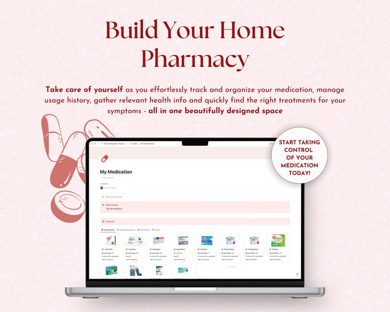 medical tracker, medication log, medication organizer, medication tracker, symptom tracker, medicine tracker, daily medication log, supplement tracker, notion template, notion, notion templates, notion planner, notion dashboard