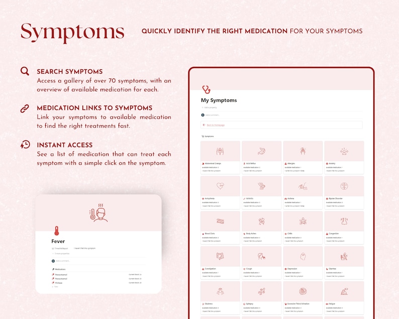 medical tracker, medication log, medication organizer, medication tracker, symptom tracker, medicine tracker, daily medication log, supplement tracker, notion template, notion, notion templates, notion planner, notion dashboard