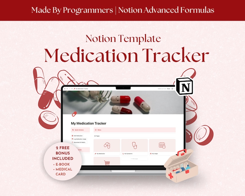 medical tracker, medication log, medication organizer, medication tracker, symptom tracker, medicine tracker, daily medication log, supplement tracker, notion template, notion, notion templates, notion planner, notion dashboard