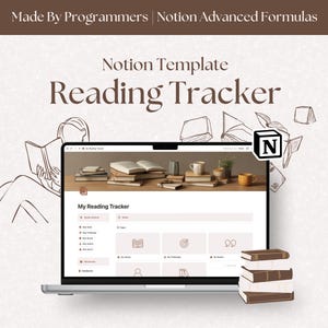 Puede incluir: Un ordenador portátil que muestra una plantilla de seguimiento de lectura de Notion. La plantilla tiene secciones para adiciones rápidas, páginas, desafíos, recursos y una base de datos. El portátil está sobre una superficie blanca con una pila de libros y un dibujo de una persona leyendo un libro.