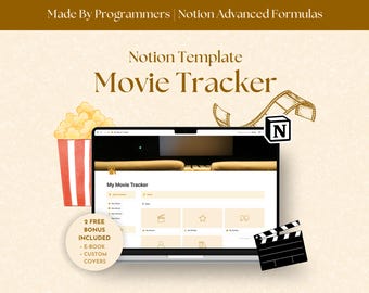 May include: A laptop computer displaying a Notion template for a movie tracker. The template includes sections for movie title, genre, rating, and notes. The laptop is surrounded by movie-themed illustrations, including a popcorn bucket, film reel, and a clapperboard.