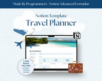 May include: A laptop computer displaying a Notion template for a travel planner. The template is titled "My Travel Planner" and includes sections for quick actions, itinerary, packing list, and travel journal. The laptop is on a white background with a blue airplane and a suitcase with stickers of different countries.