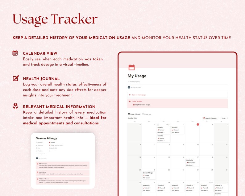 medical tracker, medication log, medication organizer, medication tracker, symptom tracker, medicine tracker, daily medication log, supplement tracker, notion template, notion, notion templates, notion planner, notion dashboard