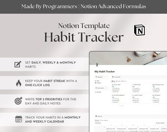 May include: A white and gray screen shot of a Notion template for a habit tracker. The template includes a calendar, a list of habits, and a section for daily notes. The text on the screen says "Notion Template Habit Tracker" and "My Habit Tracker".