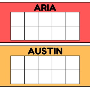 May include: Two colorful name tags, one red and one yellow, each with a grid of blank squares. The red tag reads "ARIA" in bold black letters. The yellow tag reads "AUSTIN" in bold black letters.