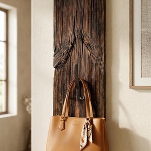 May include: A tan leather tote bag with a patterned scarf hangs from a black hook on a dark, textured wooden wall hanging. The wood is a rich brown colour.