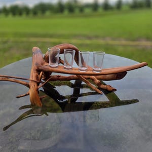 May include: A natural brown driftwood branch serving as a holder for four clear glass shot glasses. The branch features a smooth, polished texture with organic curves and multiple prongs, arranged to securely support the small, cylindrical glasses.