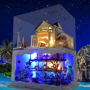 Ocean Dream DIY Miniature House Kit with LED Lights – Handmade Dollhouse Craft Gift