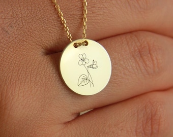 14K Birth Flower Necklace, Floral Jewelry, Botanical Necklaces, Valentine Days, Flower Bar Tag Necklace, Dainty Mom Necklace, Gift for her