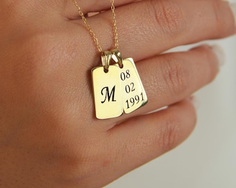 14K Personalized Bar Tag Name Necklace, Gold Minimalist Custom Name Jewelry, Initial Date Engraved Tag Pendant, Valentine&#39;s Day Gift
