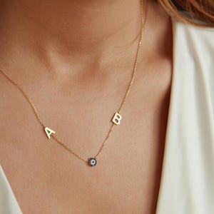 Colar minimalista de mau-olhado 14K com letras, colar de olho protetor, colar delicado de mau-olhado, presente de dia dos namorados, pingente de proteção