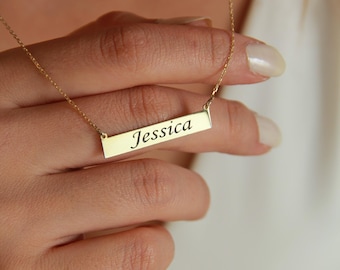 14K Gold Name Bar Necklace: Personalized Tag Jewelry
