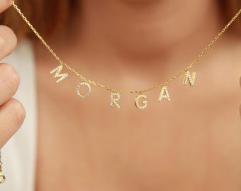 14K Personalized CZ Letter Name Necklace, Custom Initial Name Jewelry, Spaced Letter Necklace, 14K Gold Name Necklace, Gift for Her