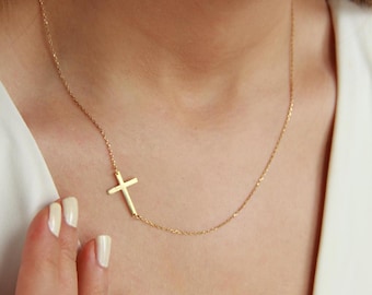 14K Gold Sideways Cross Necklace: Sterling Silver Minimalist Jewelry