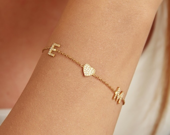 14K Couple Initial Bracelet with Heart, Personalized Jewelry, Custom Gold Bracelet ,Custom Heart Bracelet, Mother&#39;s Day Gift, Gift For Her
