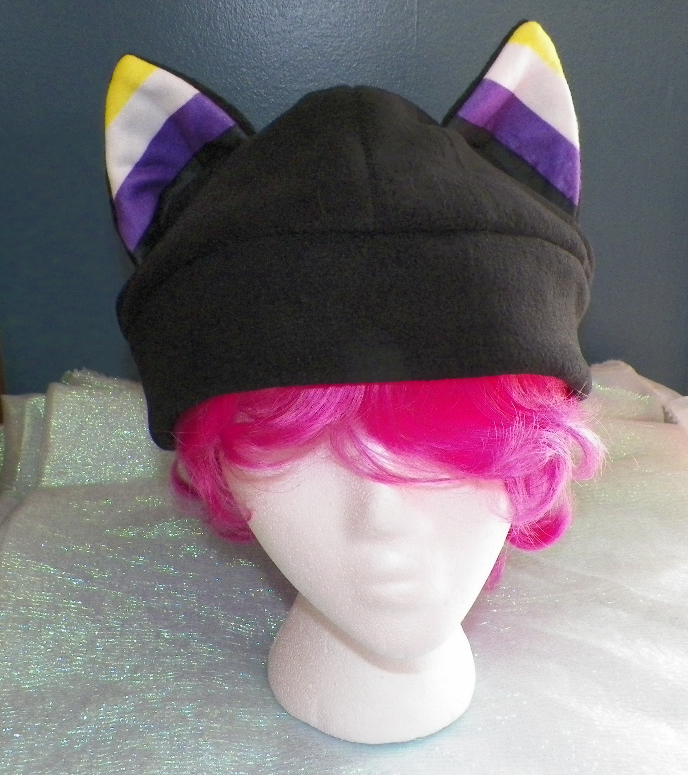 X-Large Or Medium Cat Ear Fleece Hat Non-Binary Pride