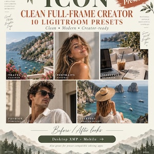 Clean Full-Frame Creator Lightroom Presets | 10 XMP Photo Filters | Mobile Desktop Classic | ICON Art Collective