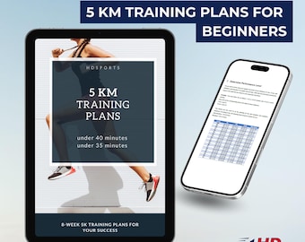 May include: A digital tablet displaying an 8-week 5K training plan for beginners. The plan includes training plans to run 5 kilometres in under 40 minutes and under 35 minutes. The image also shows a smartphone with a table to determine fitness level.