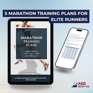 Könnte beinhalten: Ein digitales Tablet zeigt einen 12-wöchigen Marathon-Trainingsplan für Elite-Läufer. Der Plan beinhaltet Trainingspläne für Läufer, die versuchen, unter 3 Stunden, 2:50, 2:45, 2:40 und 2:30 Stunden zu finishen. Das Tablet befindet sich auf einem weißen Hintergrund mit einem blauen Himmel im Hintergrund. Der Text auf dem Tablet lautet "5 Marathon-Trainingspläne für Elite-Läufer", "Marathon-Trainingspläne", "unter 3 Stunden", "2:50 / 2:45 / 2:40 und 2:30 Stunden" und "12-Wochen-Marathon-Trainingspläne für Ihren Erfolg".