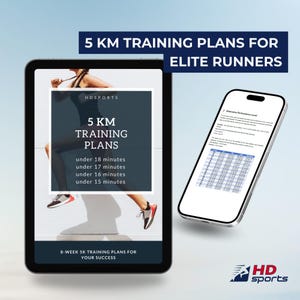 Może przedstawiać: Tablet i smartfon wyświetlające plany treningowe 5 KM dla elitarnych biegaczy. Tablet pokazuje grafikę biegacza i tekst: "5 KM TRAINING PLANS" z celami czasowymi. Smartfon wyświetla tabelę poziomów wydajności. Widoczne logo HD Sports.