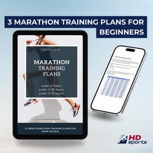 Könnte beinhalten: Ein digitales Bild eines Läufers vor weißem Hintergrund mit dem Text "3 Marathon-Trainingspläne für Anfänger" oben. Das Bild ist ein Mockup eines Tablets und eines Smartphones mit dem Text "Marathon-Trainingspläne" und "HDsports" auf dem Tablet. Das Smartphone zeigt eine Tabelle mit dem Text "Leistungsniveau bestimmen".