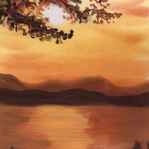Sunset Lake Watercolor Landscape Painting, digital download
