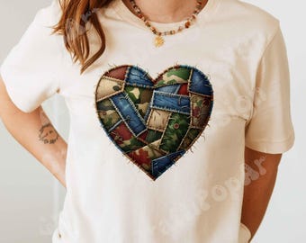 Camo Denim Heart DTF, Rustic Patchwork Heart Design, Country Western Valentine or Everyday Print, DTF | Heat Press Transfer