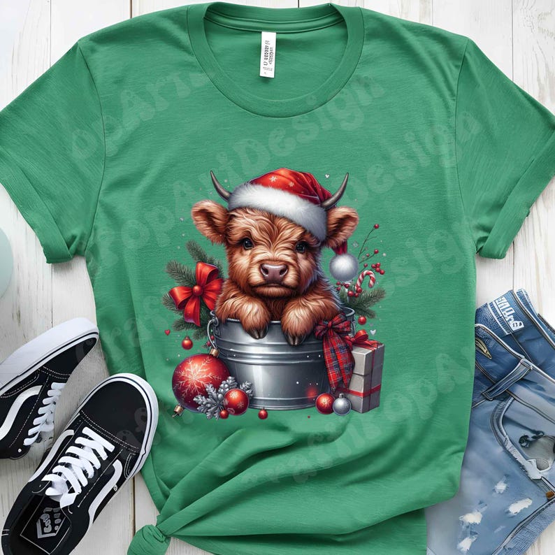 May include: Green t-shirt featuring a festive illustration of a Highland cow calf wearing a Santa hat, nestled in a metal bucket with Christmas decorations. The design includes a red bow, ornaments, and a wrapped gift. Black and white sneakers are visible.