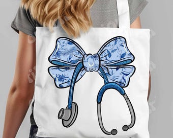 Blue Floral Bow Nurse DTF, Stethoscope with Bow Design, Cute Medical Aesthetic, Nurse Appreciation Gift, DTF | Heat Press Transfer
