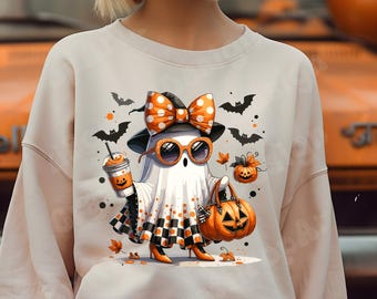 Ghost Pumpkin Coffee Funny DTF Ghost T-Shirt Design, Autumn Tee, Fall, Halloween Tee - DTF | Ready to Press | Heat Press Transfer