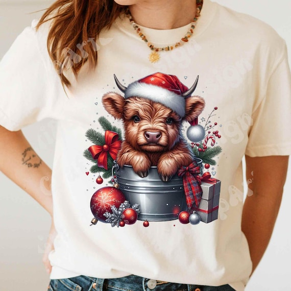 Christmas Baby Highland Cow DTF, Christmas T-Shirt, Highland Cow T-Shirt Cute Cow Tee - DTF | Ready to Press | Heat Press Transfer