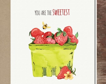 Strawberries Bee Thank You Card I love you Sweet Strawberry Greeting Card