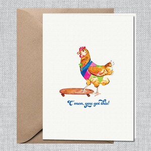 Grappige aanmoedigingskaart aquarel skateboarden kip | Dit heb je! Kaart | Leuke aanmoedigingskaart voor kinderen | Grappige motivatiekaart vriend