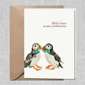 Cartão de casamento gay com papagaios-do-mar em aquarela | Cartão de casamento feito à mão para dois noivos | Cartão de casamento gay queer | Cartão de casamento LGBTQ+ com animais