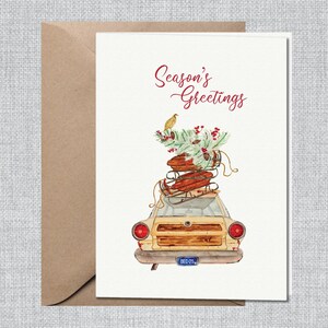 Aquarell Woody Kombi Weihnachtskarte | Schrullige Feiertagskarte Woody Kombi | Vintage Auto Weihnachtskarte | Vintage LKW-Karte