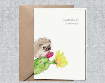 Watercolor Hedgehog Cactus You Get Me Card | Cute Friend Card | Anniversary Card | Cute Love Card  | Good Coworker Card | Best Friend Card