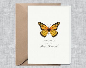 Watercolor Monarch Butterfly Bat Mitzvah Card | Minimalist Batmitzvah Card | Girl Bat Mitzvah Card Simple | Mazel Tov Card Bat Mitzvah