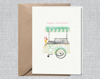 Watercolor Ice Cream Cart Birthday Card | Teen Girl Birthday Card | Tween Girl Birthday Card | Pastel Birthday Card for Her