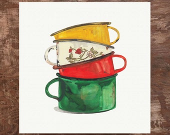 Vintage Enamel Cups Tin Cups Unframed Watercolor Art Print