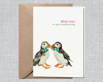 Watercolor Puffins Gay Wedding Card | Handmade Wedding Card Two Grooms | Gay Queer Wedding Card | LGBTQ Wedding Card Animals