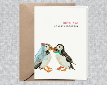 Watercolor Puffins Wedding Card | Bride and Groom Puffins Wedding Card | Handmade Wedding Card Animals | Birds Handmade Card for Wedding