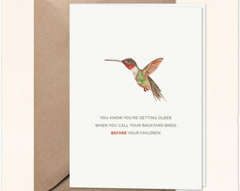 Handmade Bird Birthday Card: Watercolor Hummingbird Illustration, Funny Birthday Card Aging