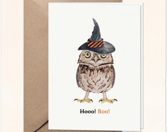 Tarjeta de Halloween con una bruja y un búho divertido / Tarjeta de Halloween para un amigo / Tarjeta de Halloween para una hermana / Tarjeta de Halloween para un novio / Tarjeta de Halloween linda para un niño