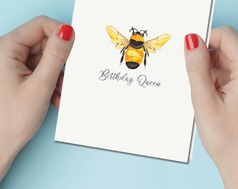 Bumble Bee Happy Birthday Card: Queen Bee Birthday Greeting Watercolor Bee Design
