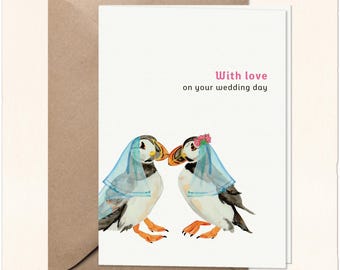 Watercolor Puffins Gay Wedding Card | Handmade Wedding Card Two Brides | Gay Lesbian Wedding Card | LGBTQ Wedding Card Animals