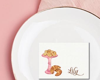 Personalized Tea Party Place Cards: Watercolor Pastry Design, Printed Table Seating Card, Custom Name Cards